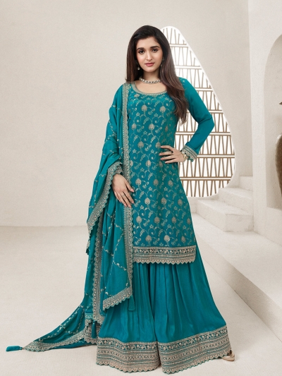 Jacquard chinon sharara suit in Teal colour 66215